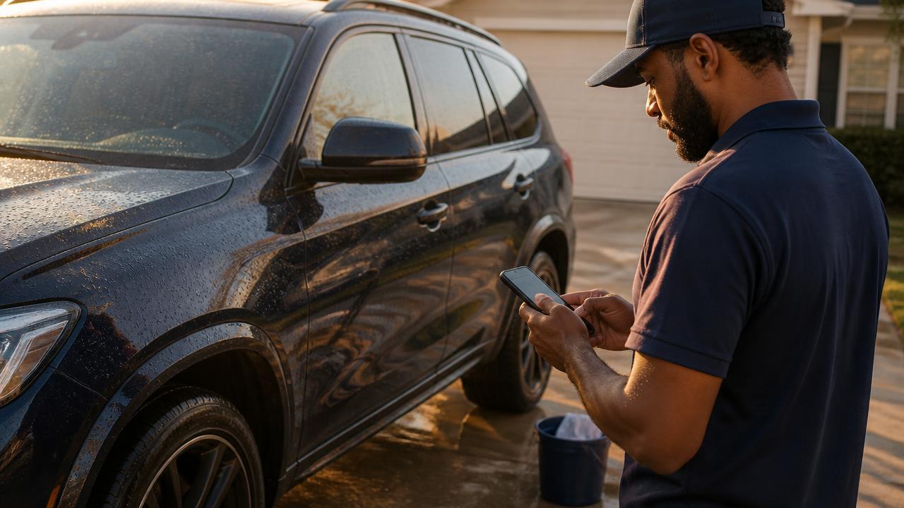 Detailer holding a phone showing the job checklist next to a polished black SUV