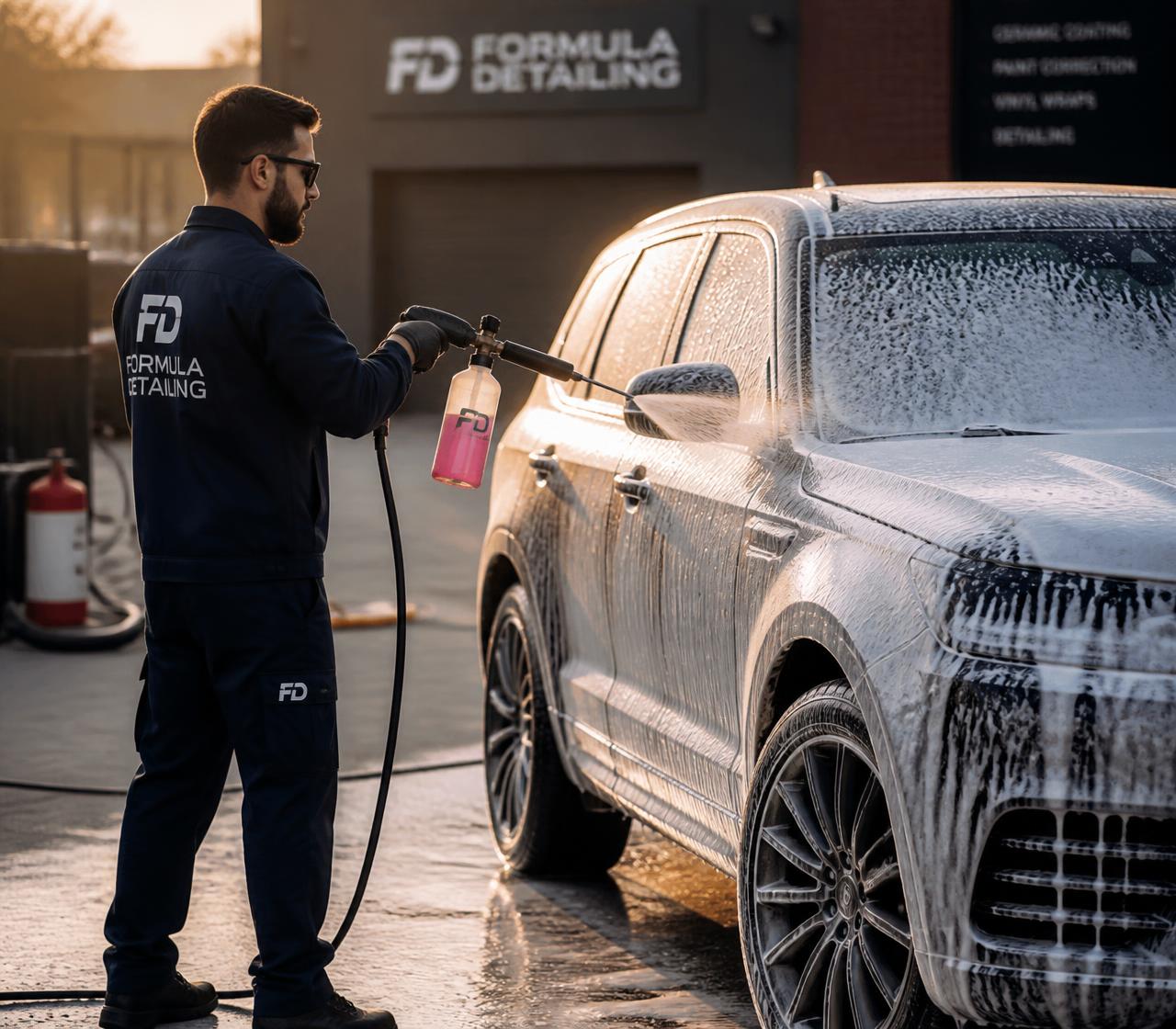 Detailer foam washing a black SUV with a foam cannon at golden hour