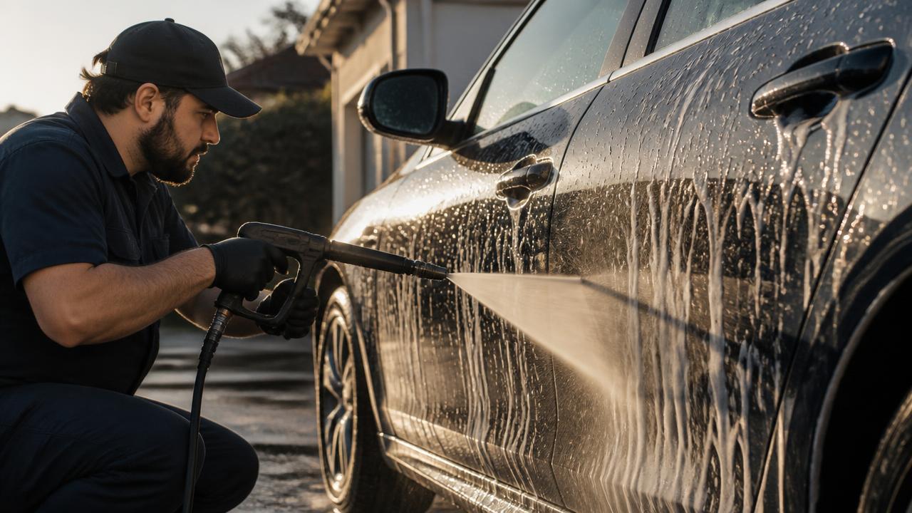 Detailer rinsing soap off a car door with a pressure washer in a driveway