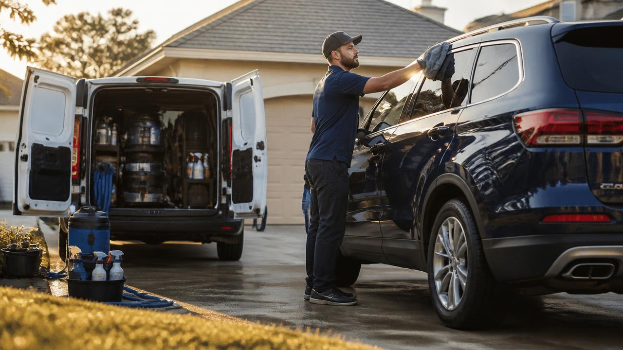 Mobile detailing van parked in a driveway at sunset while a detailer wipes down an SUV