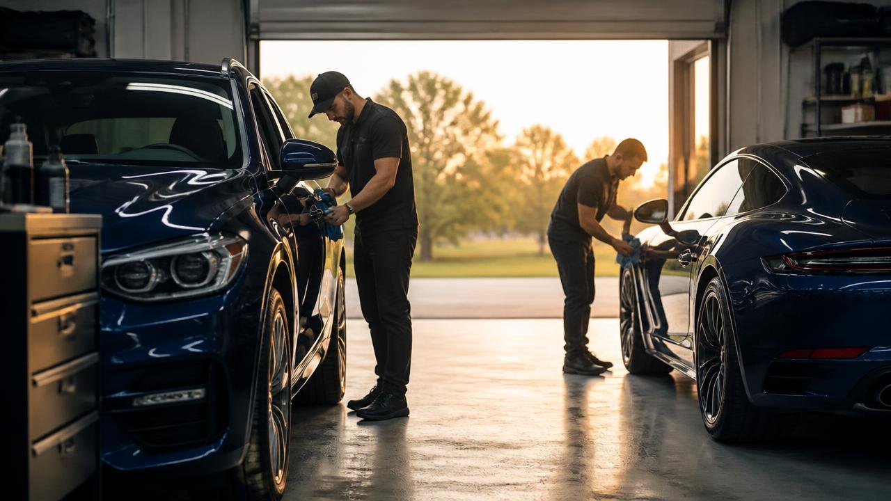 Two cars being detailed in a clean modern shop with open bay door